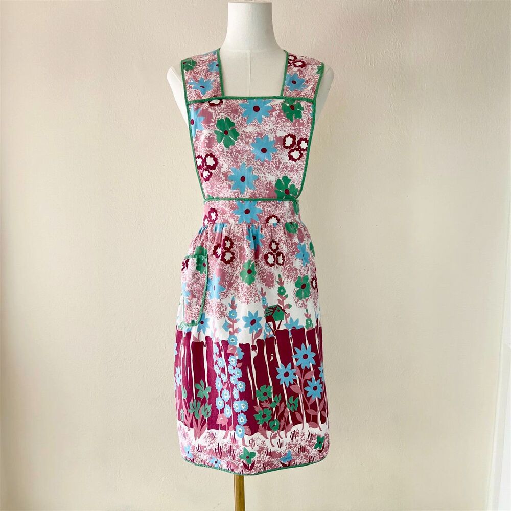 Vintage Handmade Pinafore Bib Apron Retro Garden Print (OS) Fits Modern S-L